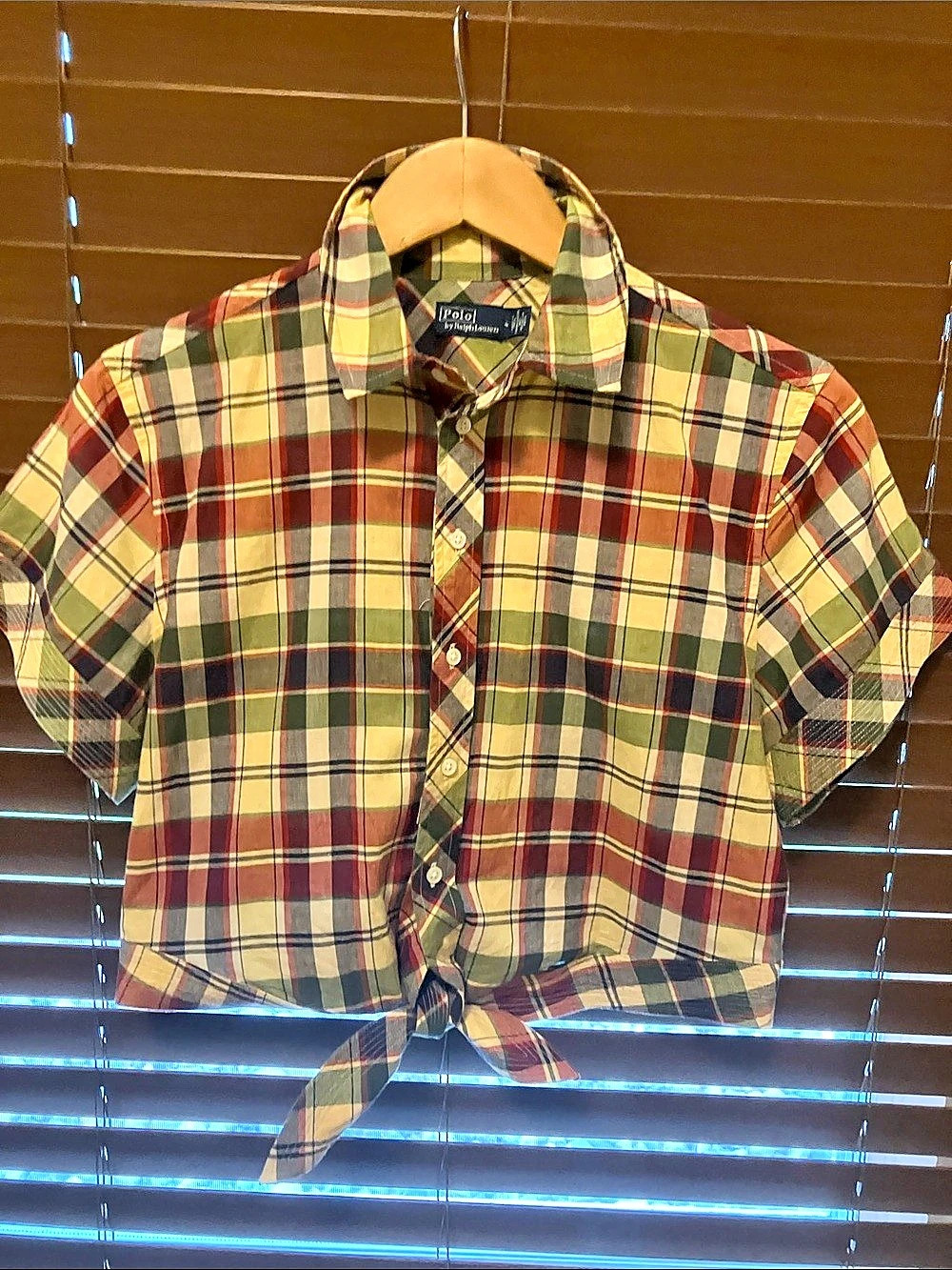 Polo by Ralph Lauren Cropped Plaid Cotton Tie-Front Top in Red & Green